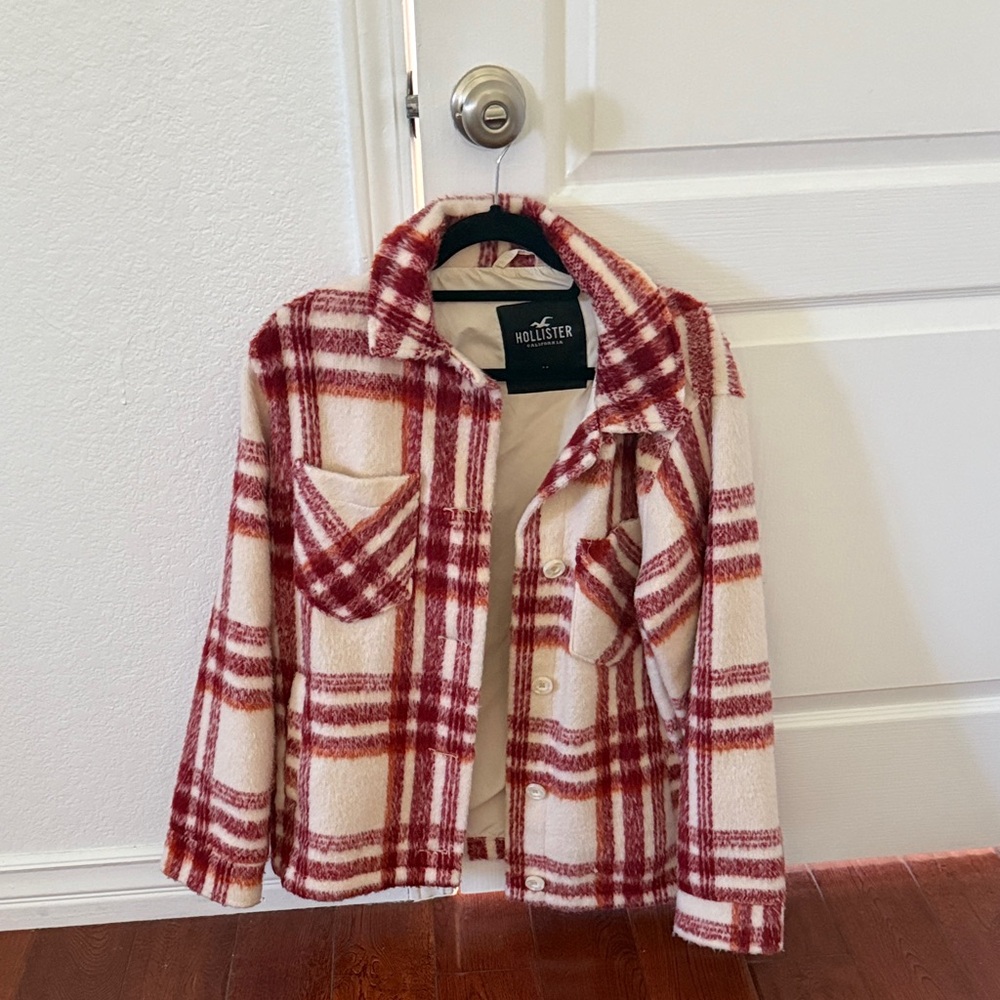 Hollister Women's Cream and Red Plaid Teddy Jacket
